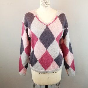 Vintage Premier 80's Argyle Preppy Hand Knit Mohair V Neck Sweater Size Medium